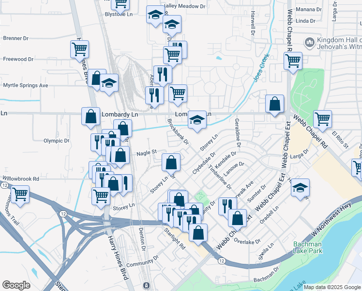 map of restaurants, bars, coffee shops, grocery stores, and more near 9501 Brockbank Drive in Dallas