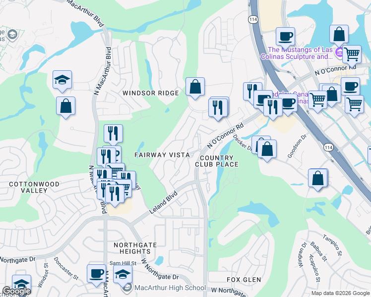 map of restaurants, bars, coffee shops, grocery stores, and more near 4316 Castle Rock Court in Irving