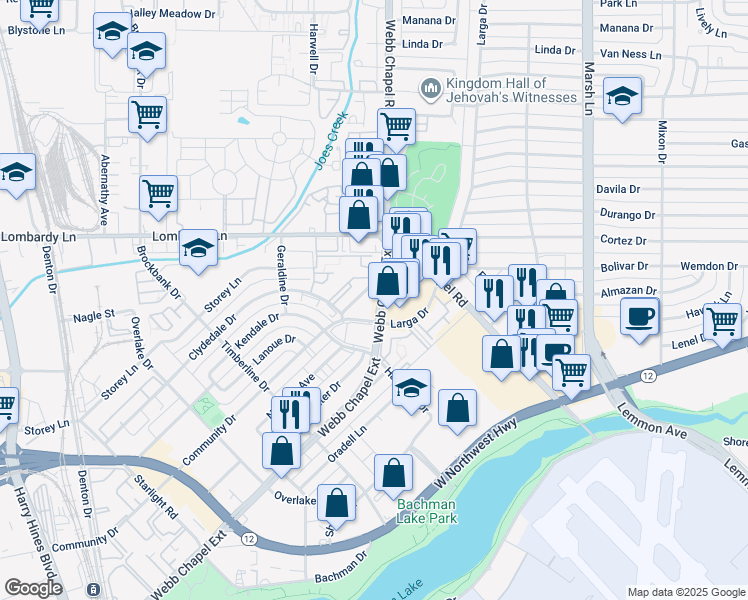 map of restaurants, bars, coffee shops, grocery stores, and more near 3435 Webb Chapel Extension in Dallas