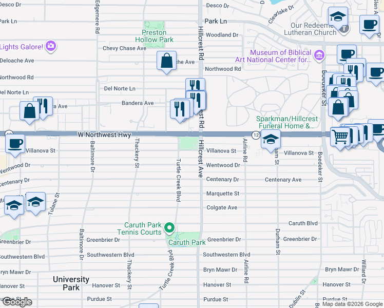 map of restaurants, bars, coffee shops, grocery stores, and more near 3408 Wentwood Drive in Dallas