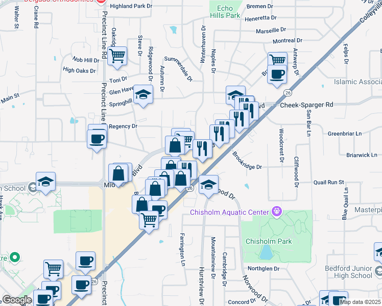 map of restaurants, bars, coffee shops, grocery stores, and more near 500 Grapevine Highway in Hurst