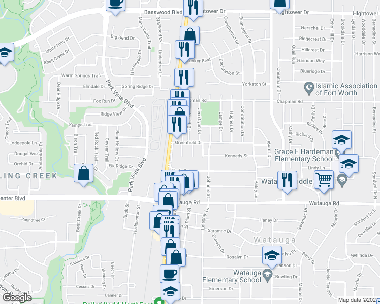map of restaurants, bars, coffee shops, grocery stores, and more near 6413 Greenfield Court in Watauga