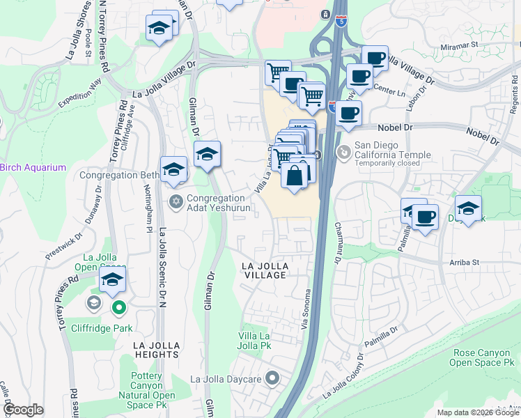 map of restaurants, bars, coffee shops, grocery stores, and more near 8561 Villa La Jolla Drive in San Diego