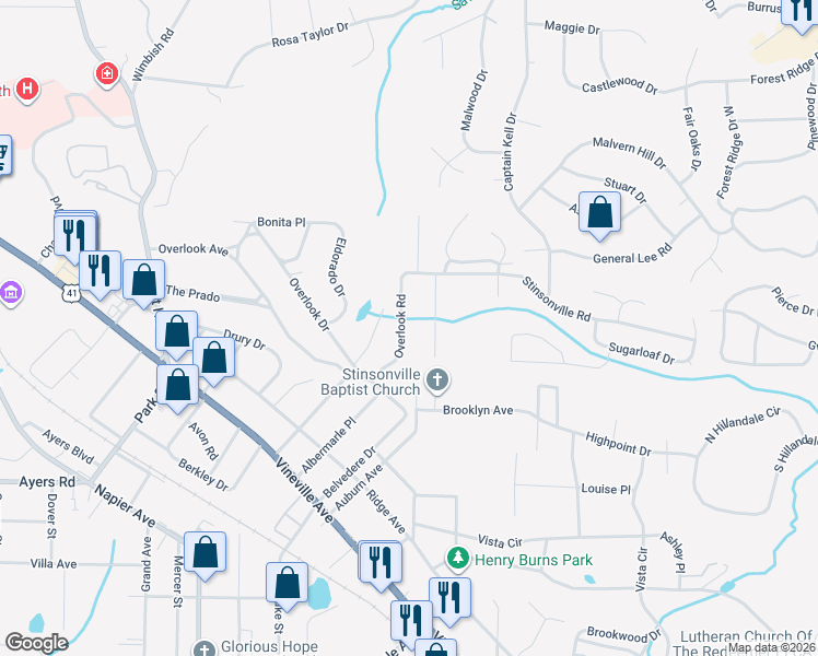 map of restaurants, bars, coffee shops, grocery stores, and more near 431 Overlook Road in Macon