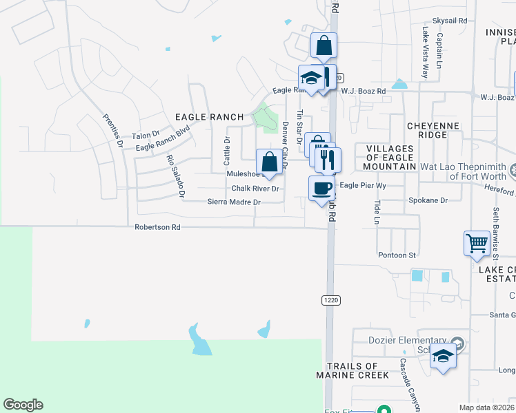 map of restaurants, bars, coffee shops, grocery stores, and more near 6537 Sierra Madre Drive in Fort Worth