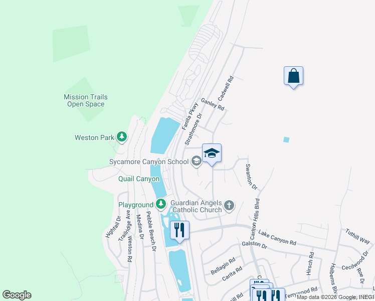 map of restaurants, bars, coffee shops, grocery stores, and more near 10221 Strathmore Drive in Santee