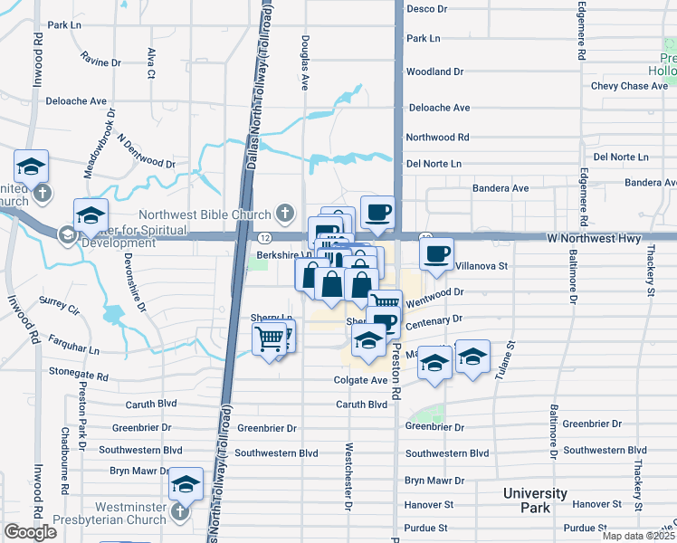 map of restaurants, bars, coffee shops, grocery stores, and more near 8317 Westchester Drive in Dallas
