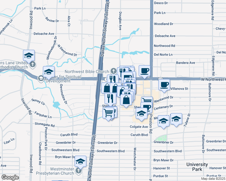 map of restaurants, bars, coffee shops, grocery stores, and more near 5954 Luther Lane in Dallas