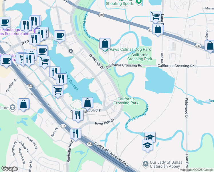 map of restaurants, bars, coffee shops, grocery stores, and more near 757 Lake Carolyn Parkway in Irving