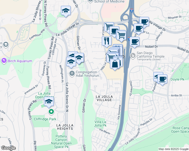 map of restaurants, bars, coffee shops, grocery stores, and more near 8525 Villa La Jolla Drive in San Diego