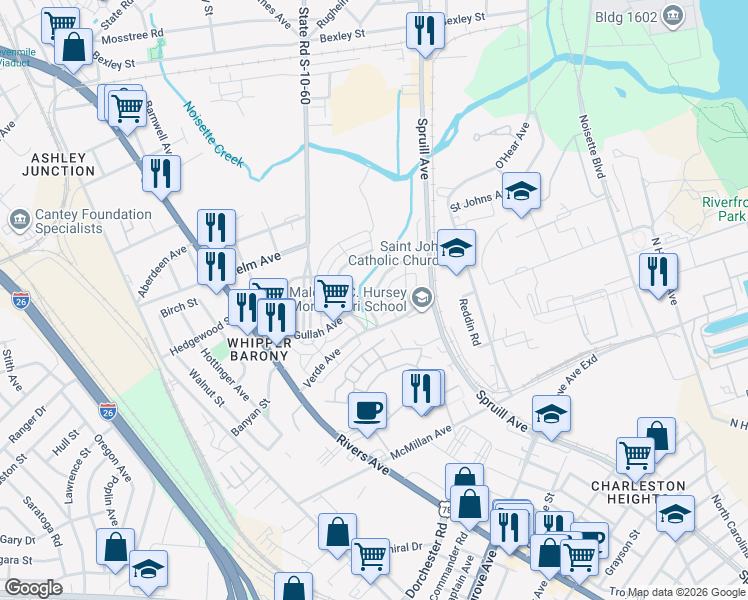 map of restaurants, bars, coffee shops, grocery stores, and more near 3881 Verde Avenue in North Charleston