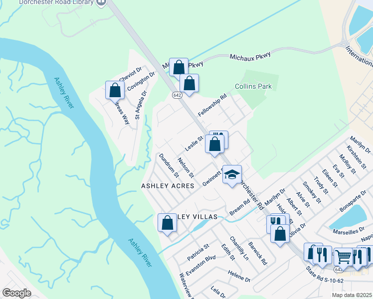 map of restaurants, bars, coffee shops, grocery stores, and more near 4337 Leslie Street in North Charleston