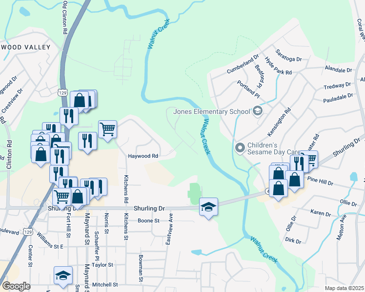 map of restaurants, bars, coffee shops, grocery stores, and more near 1197 Haywood Road in Macon