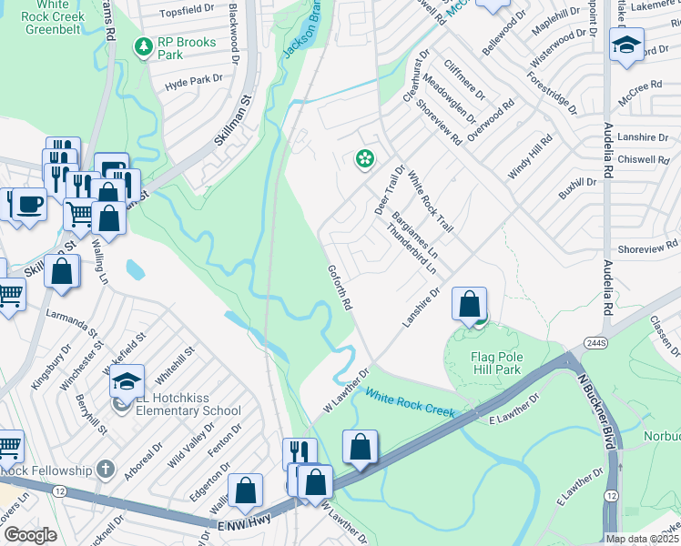map of restaurants, bars, coffee shops, grocery stores, and more near 7604 Goforth Road in Dallas