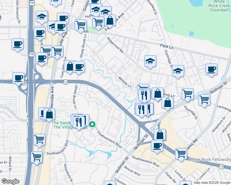 map of restaurants, bars, coffee shops, grocery stores, and more near 6550 Shady Brook Lane in Dallas