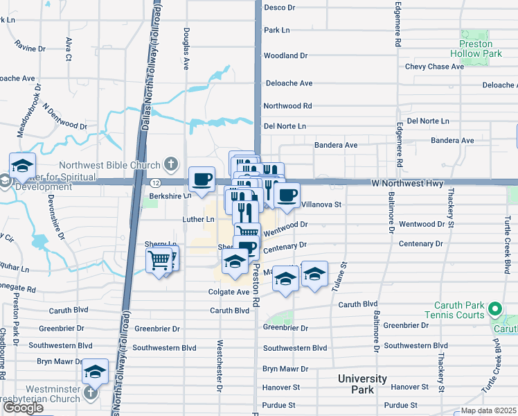 map of restaurants, bars, coffee shops, grocery stores, and more near 8416 Preston Road in Dallas