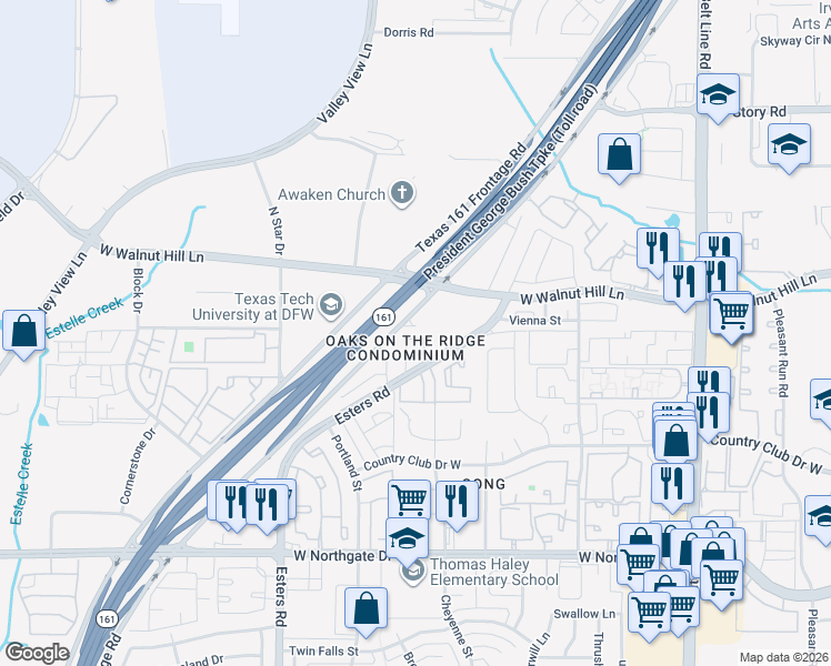 map of restaurants, bars, coffee shops, grocery stores, and more near in Irving
