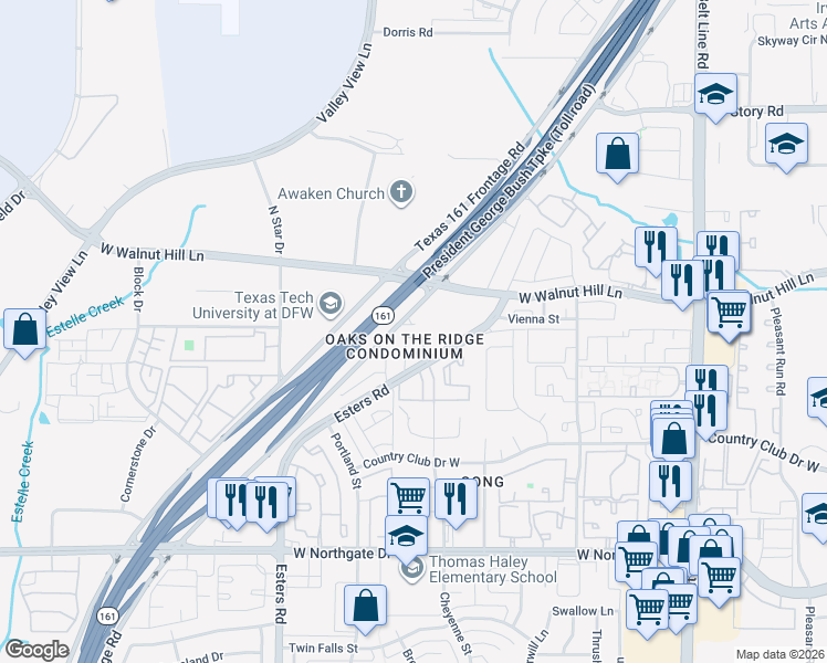 map of restaurants, bars, coffee shops, grocery stores, and more near 4004 Hanaa Court in Irving