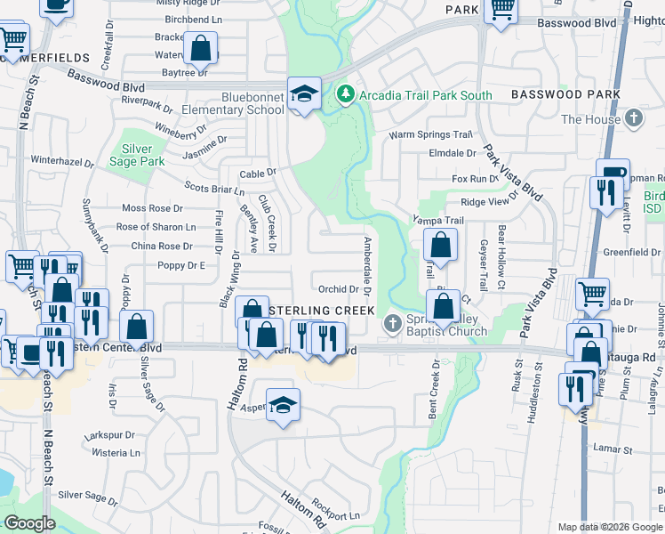 map of restaurants, bars, coffee shops, grocery stores, and more near 4913 Orchid Drive in Fort Worth