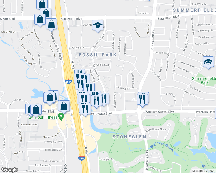 map of restaurants, bars, coffee shops, grocery stores, and more near 6705 Summers Drive South in Fort Worth