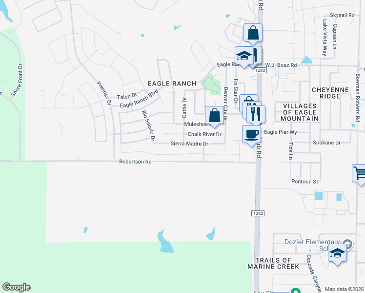 map of restaurants, bars, coffee shops, grocery stores, and more near 3400 Robertson Road in Fort Worth