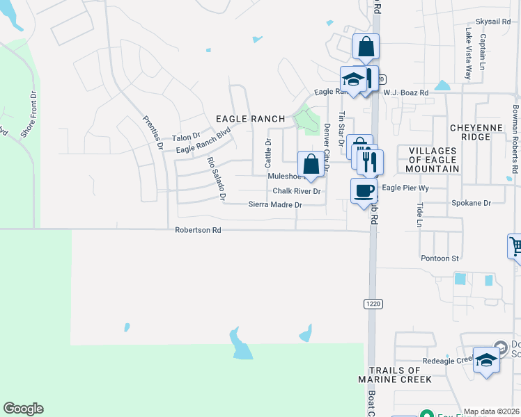 map of restaurants, bars, coffee shops, grocery stores, and more near 3400 Robertson Road in Fort Worth