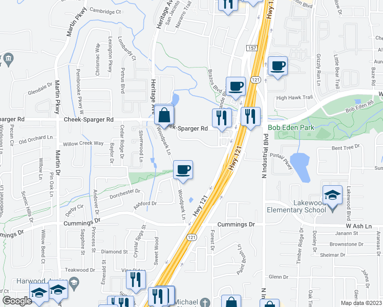 map of restaurants, bars, coffee shops, grocery stores, and more near 4101 Highway 121 in Bedford