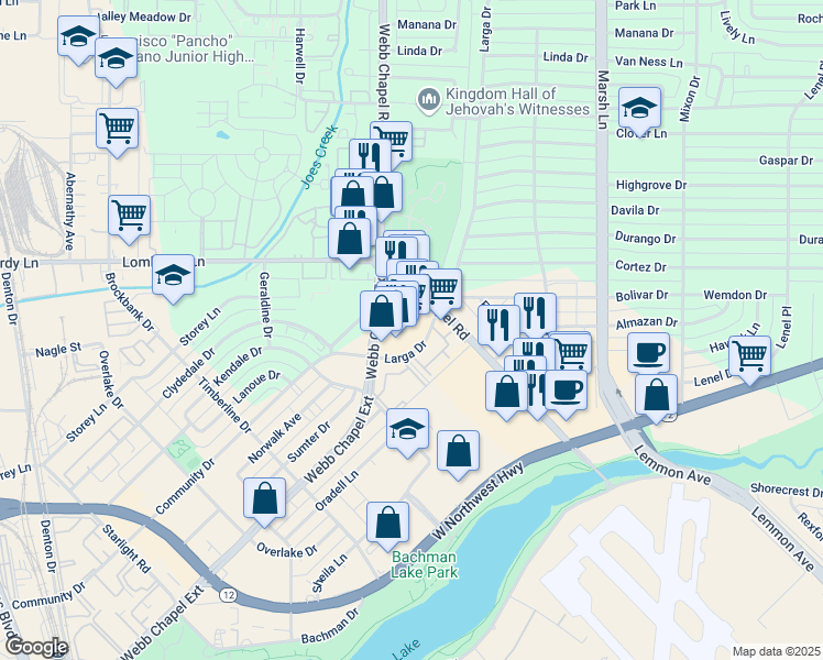 map of restaurants, bars, coffee shops, grocery stores, and more near 3440 Webb Chapel Extension in Dallas