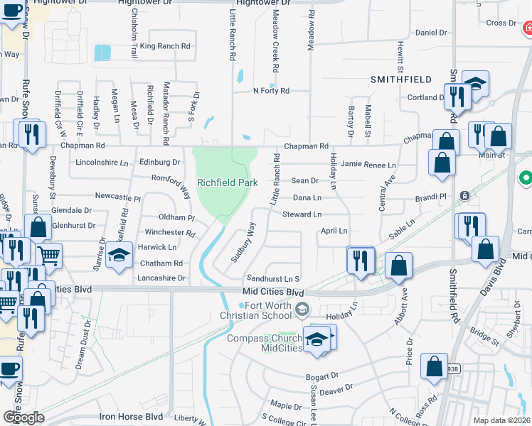map of restaurants, bars, coffee shops, grocery stores, and more near 6436 Sudbury Way in North Richland Hills