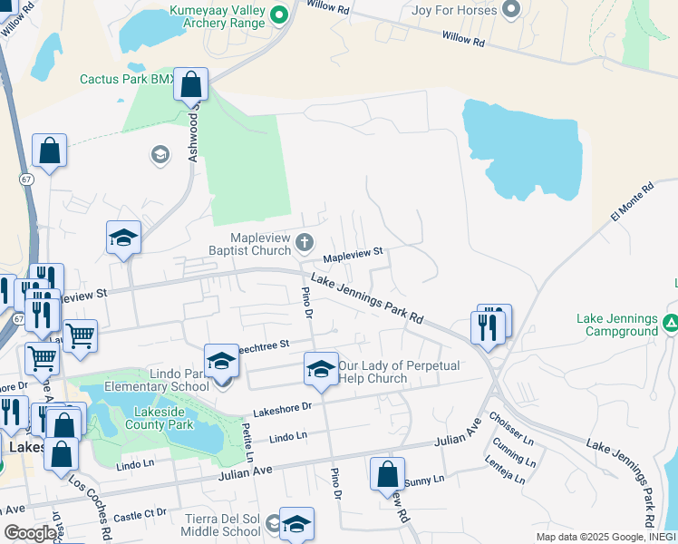 map of restaurants, bars, coffee shops, grocery stores, and more near 10505 Lake Jennings Park Road in Lakeside