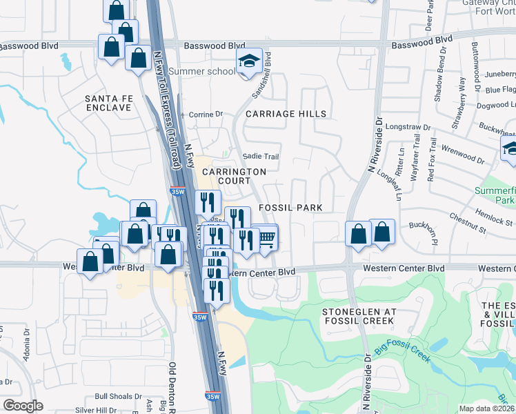 map of restaurants, bars, coffee shops, grocery stores, and more near 3301 Hartnett Way in Fort Worth
