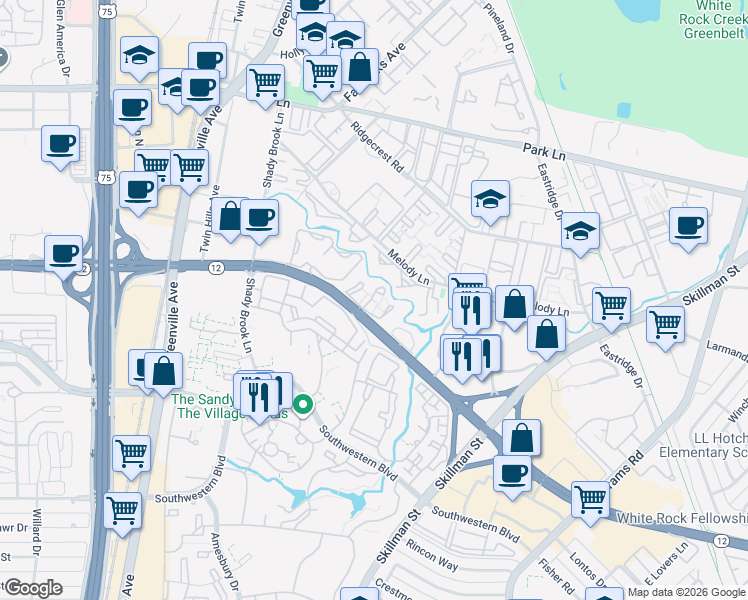 map of restaurants, bars, coffee shops, grocery stores, and more near 6033 East Northwest Highway in Dallas