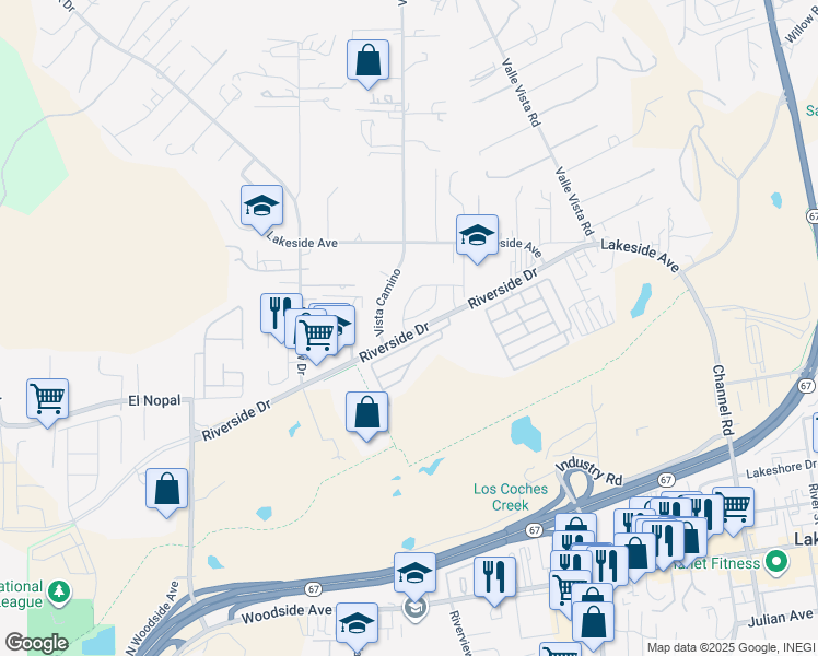 map of restaurants, bars, coffee shops, grocery stores, and more near 10208 New Bedford Court in Lakeside
