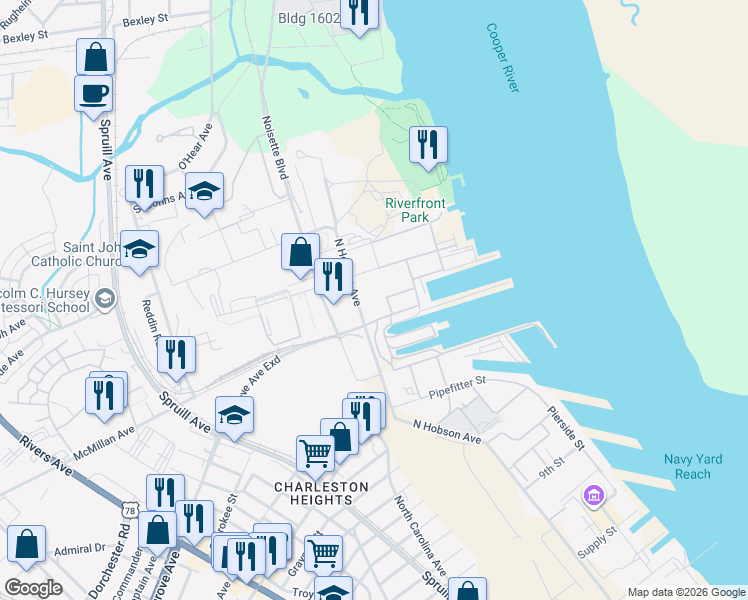 map of restaurants, bars, coffee shops, grocery stores, and more near 2130 North Hobson Avenue in North Charleston