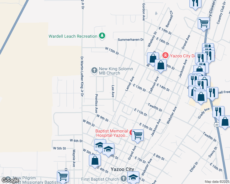 map of restaurants, bars, coffee shops, grocery stores, and more near 1107 Mareed Avenue in Yazoo City
