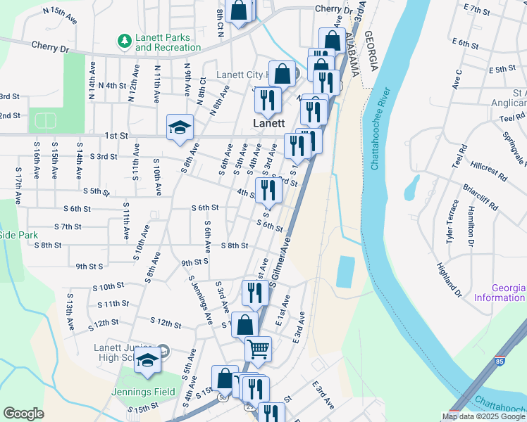 map of restaurants, bars, coffee shops, grocery stores, and more near 602 South 2nd Avenue in Lanett