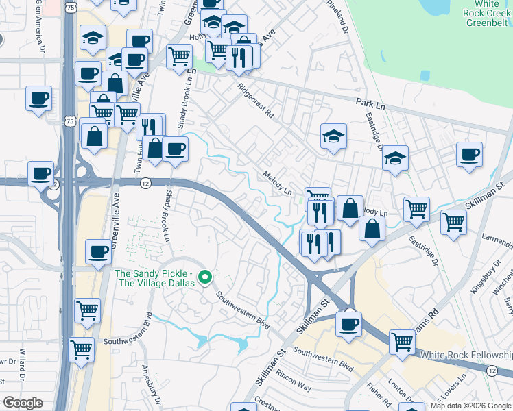 map of restaurants, bars, coffee shops, grocery stores, and more near 6033 East Northwest Highway in Dallas