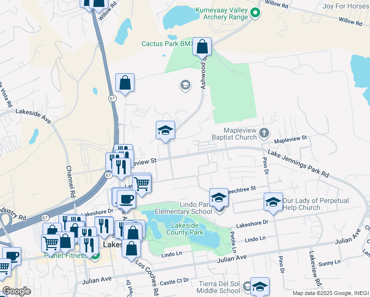 map of restaurants, bars, coffee shops, grocery stores, and more near 12802 Mapleview Street in Lakeside