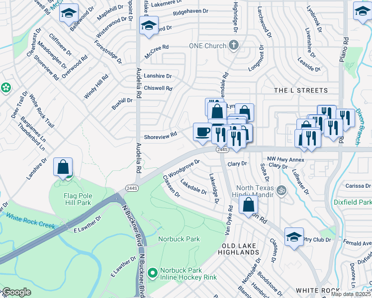 map of restaurants, bars, coffee shops, grocery stores, and more near 10031 Northwest Highway in Dallas