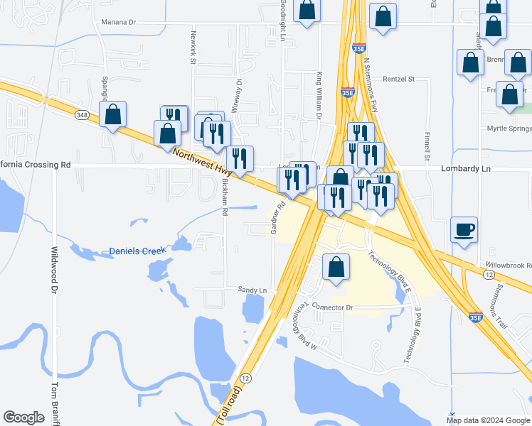 map of restaurants, bars, coffee shops, grocery stores, and more near 10335 Gardner Road in Dallas