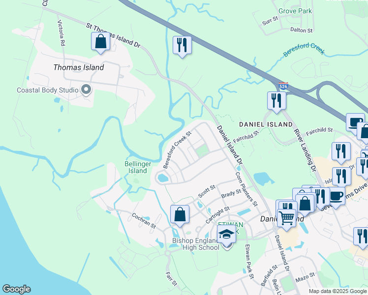 map of restaurants, bars, coffee shops, grocery stores, and more near 161 Beresford Creek Street in Charleston