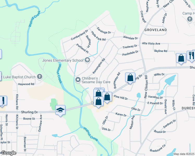 map of restaurants, bars, coffee shops, grocery stores, and more near 2410 Tredway Drive in Macon