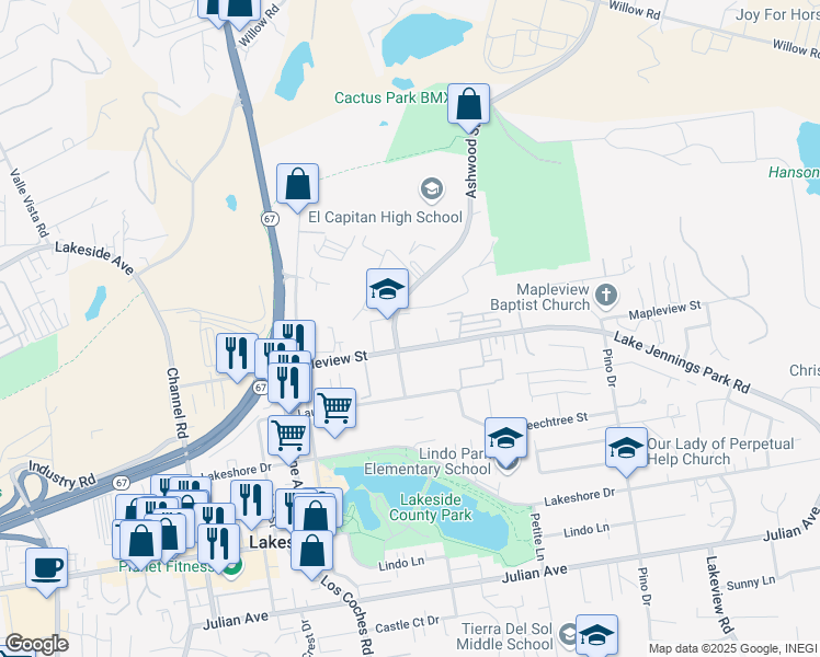 map of restaurants, bars, coffee shops, grocery stores, and more near 10237 Ashwood Street in Lakeside