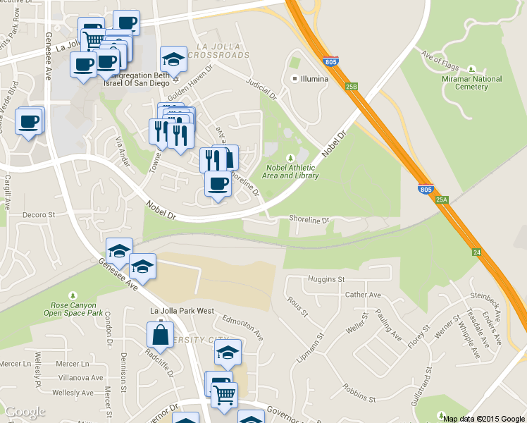 map of restaurants, bars, coffee shops, grocery stores, and more near 7234 Shoreline Drive in San Diego
