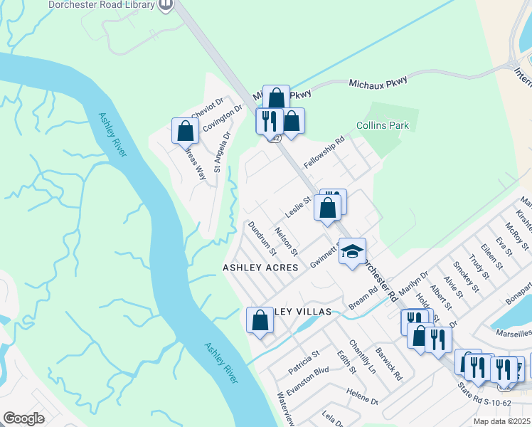 map of restaurants, bars, coffee shops, grocery stores, and more near 5736 Nelson Street in North Charleston