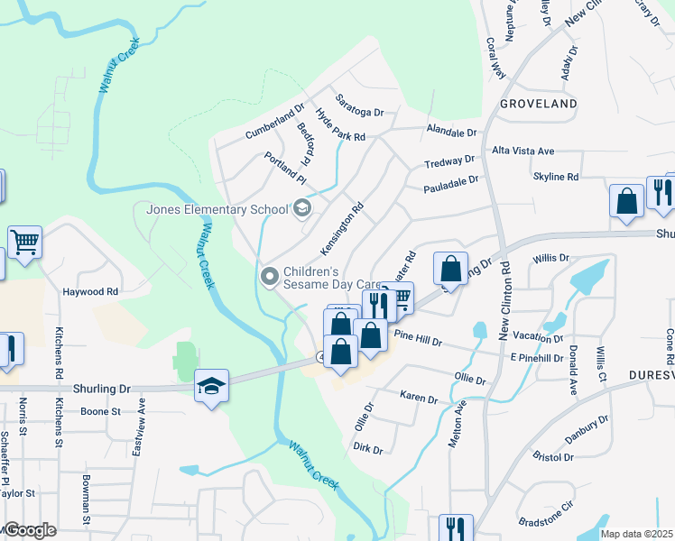 map of restaurants, bars, coffee shops, grocery stores, and more near 2410 Tredway Drive in Macon