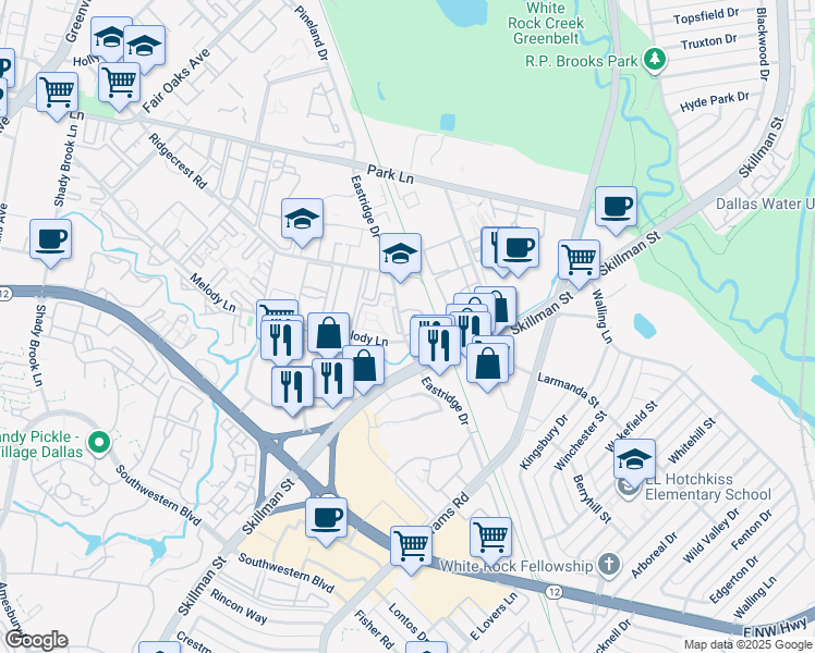 map of restaurants, bars, coffee shops, grocery stores, and more near 6686 Eastridge Drive in Dallas
