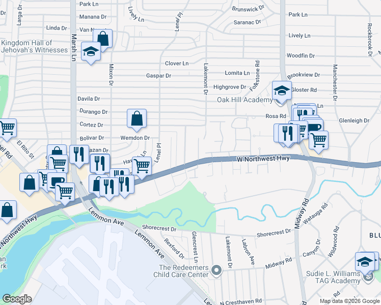 map of restaurants, bars, coffee shops, grocery stores, and more near 9435 Monteleon Court in Dallas