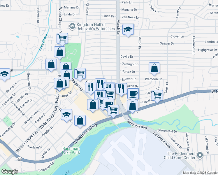 map of restaurants, bars, coffee shops, grocery stores, and more near 3602 Bolivar Drive in Dallas