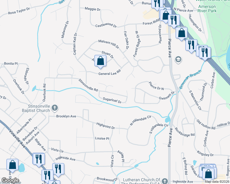 map of restaurants, bars, coffee shops, grocery stores, and more near 510 Double Oak Drive in Macon
